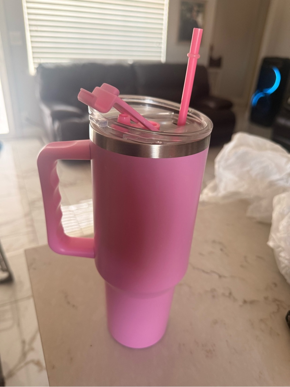 Pink Insulated Travel Mug with Handle and Straw